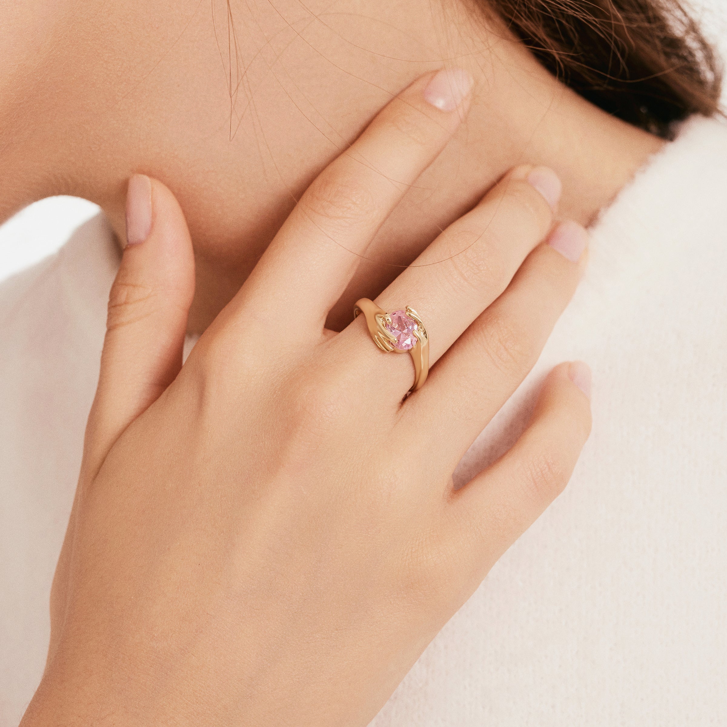 Solitaire Pink Tourmaline Hand Ring in 14K Gold