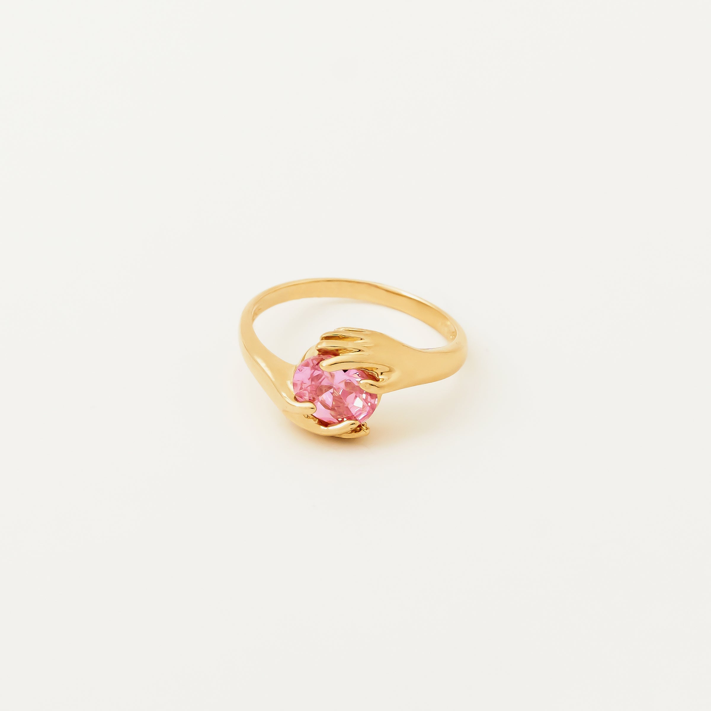 Solitaire Pink Tourmaline Hand Ring in 14K Gold