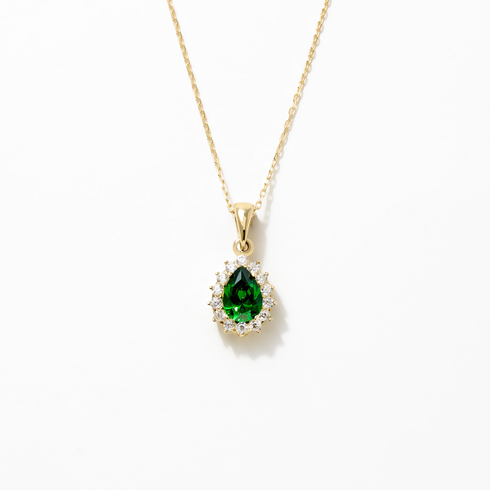 14K Gold Pear-Shaped Green Gemstone Pendant Necklace with White Stone Accents