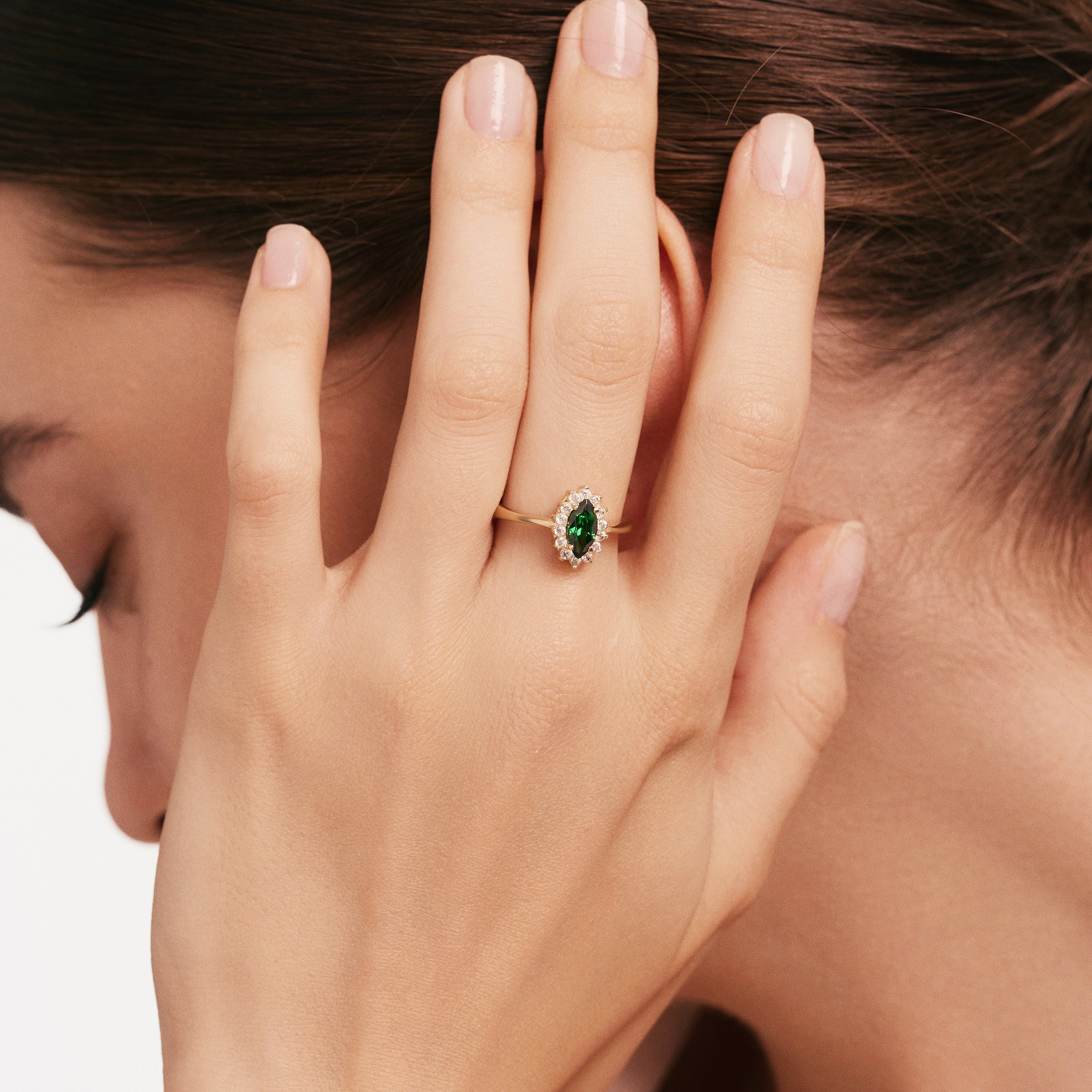 Marquise Emerald Halo CZ Ring in 14K Gold