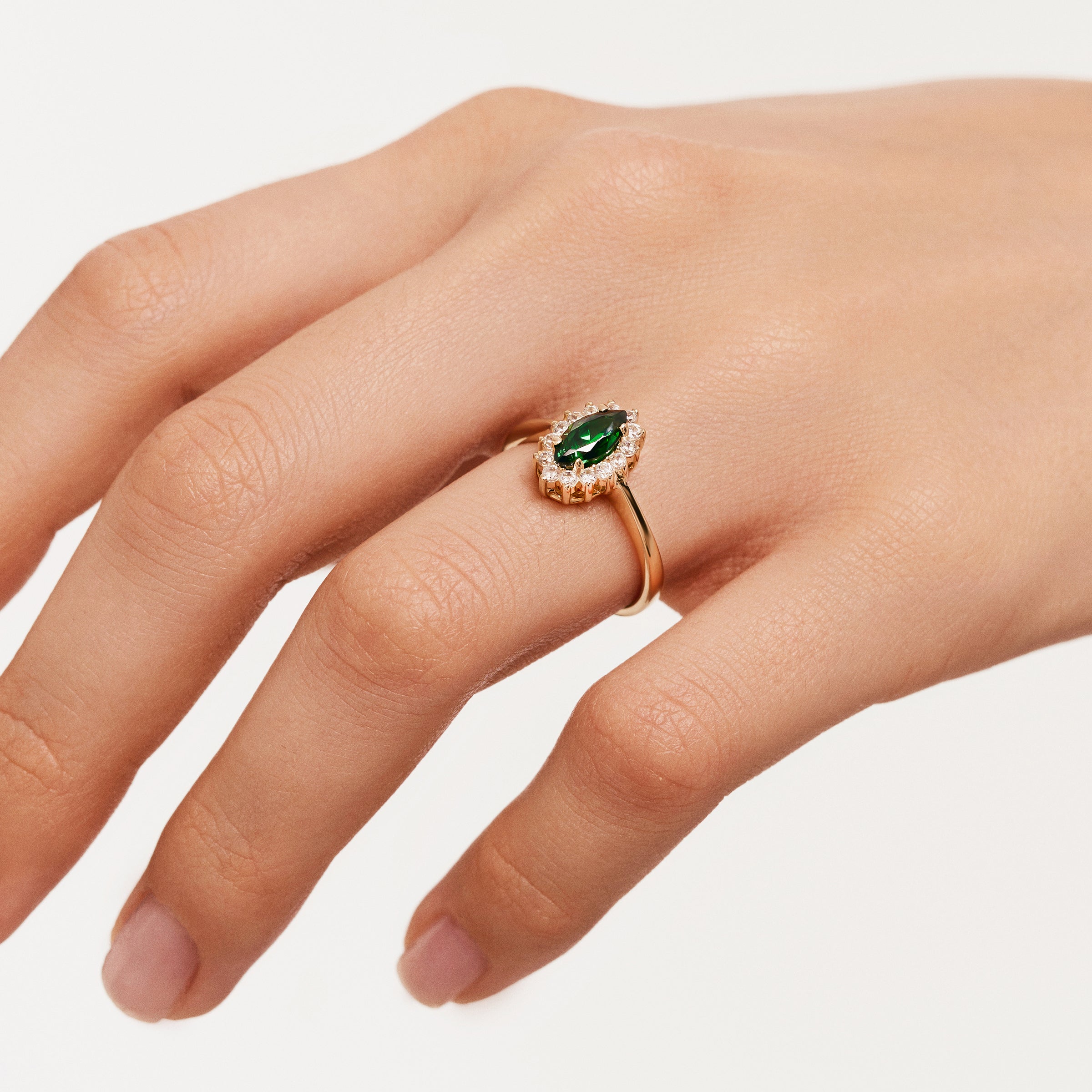 Marquise Emerald Halo CZ Ring in 14K Gold