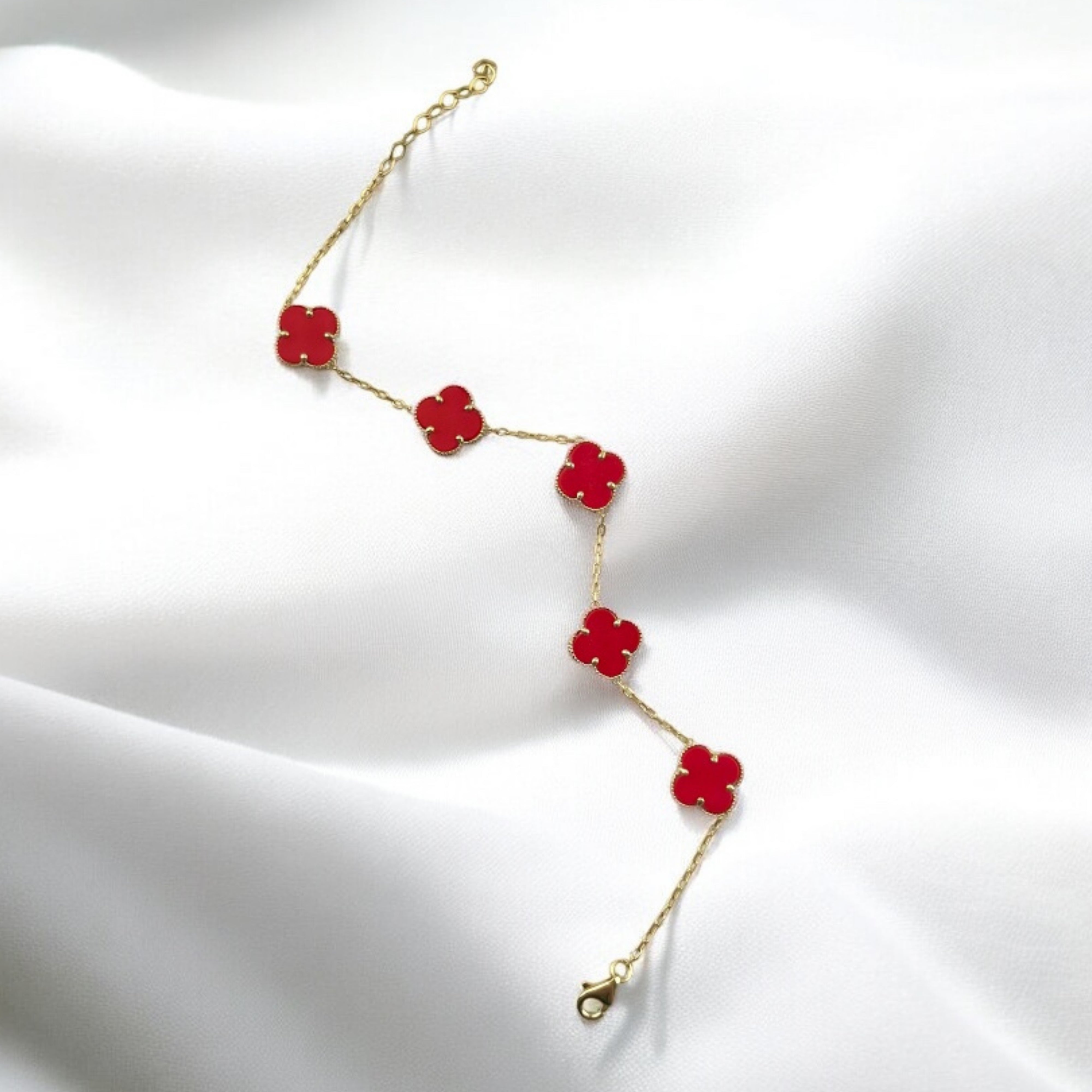 14K Gold Red Five Clover Bracelet