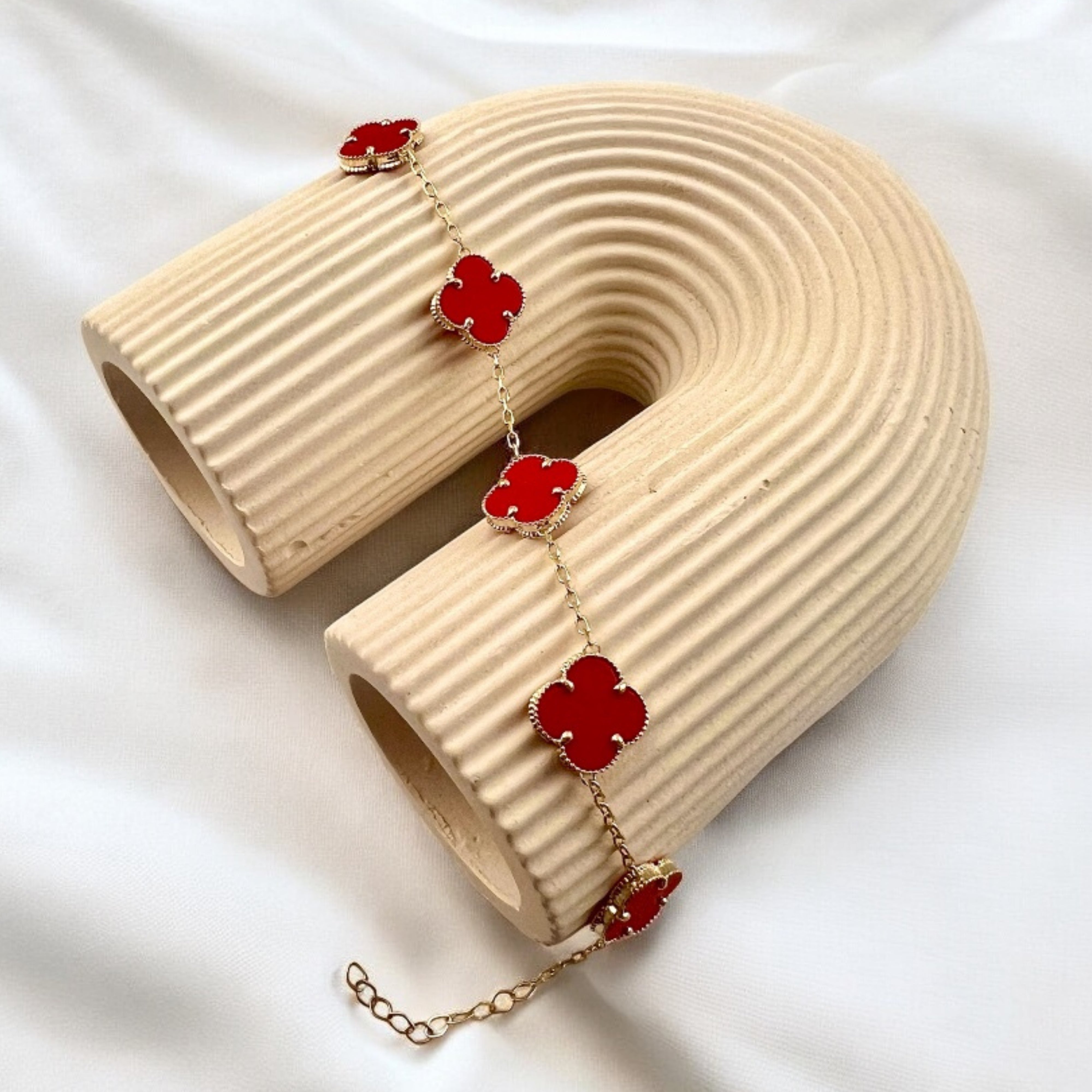 14K Gold Red Five Clover Bracelet