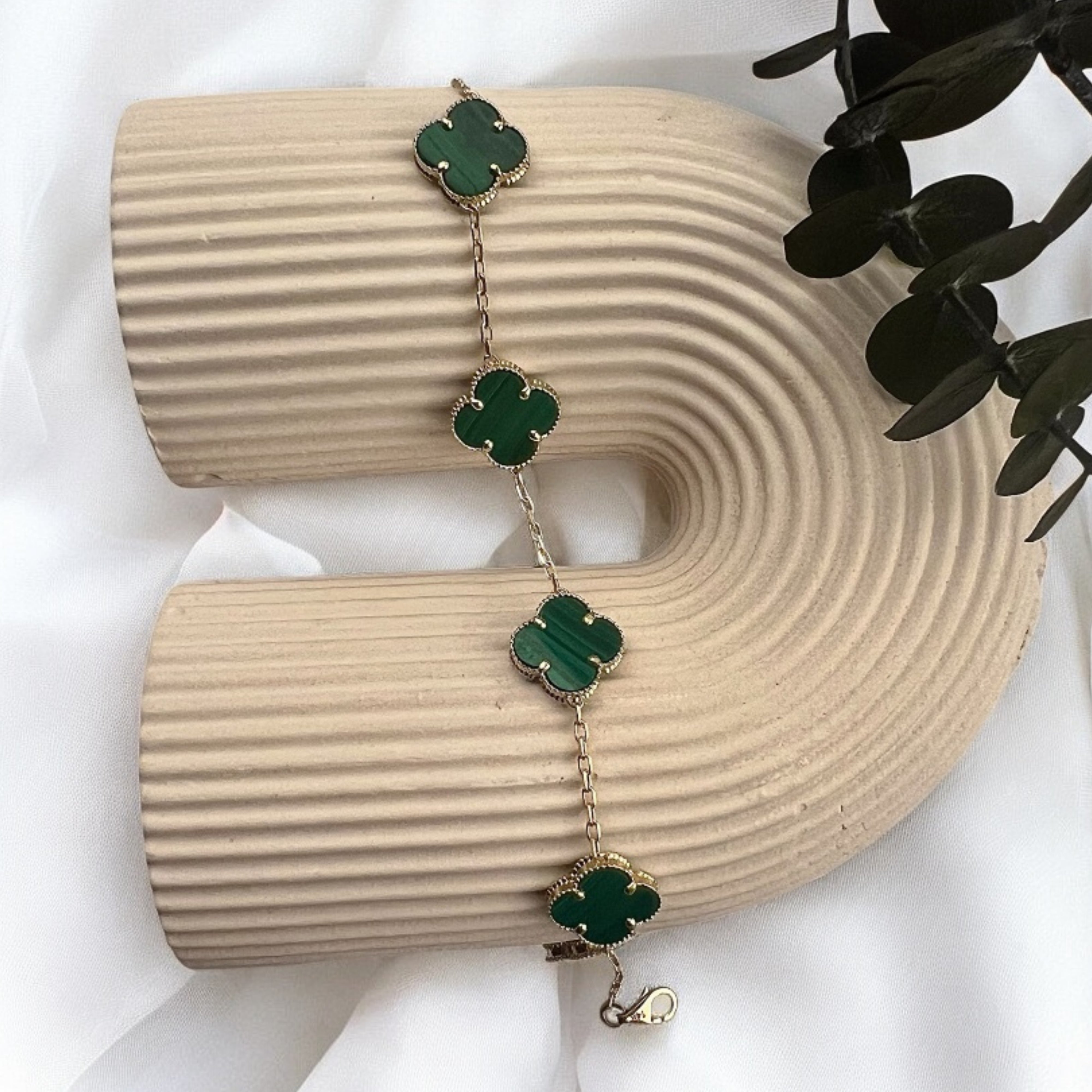 14k Gold Green Clover Bracelet, Lucky Jewelry Gift for Her