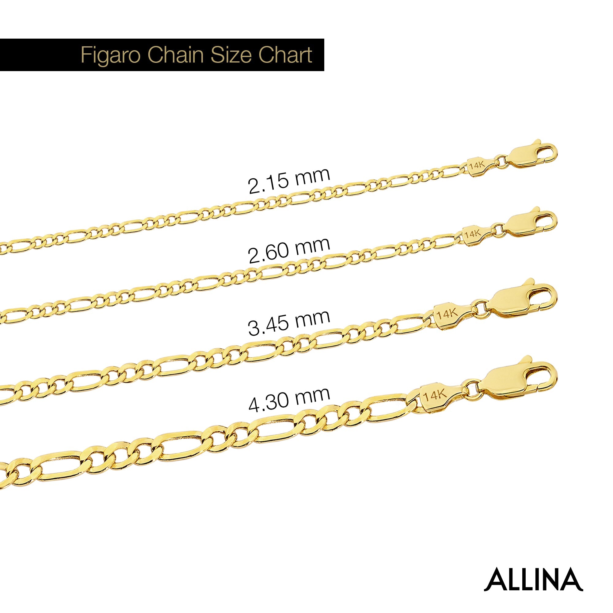 14K Gold Figaro Chain Necklace - 2.60 mm featuring alternating long and short links in polished gold.