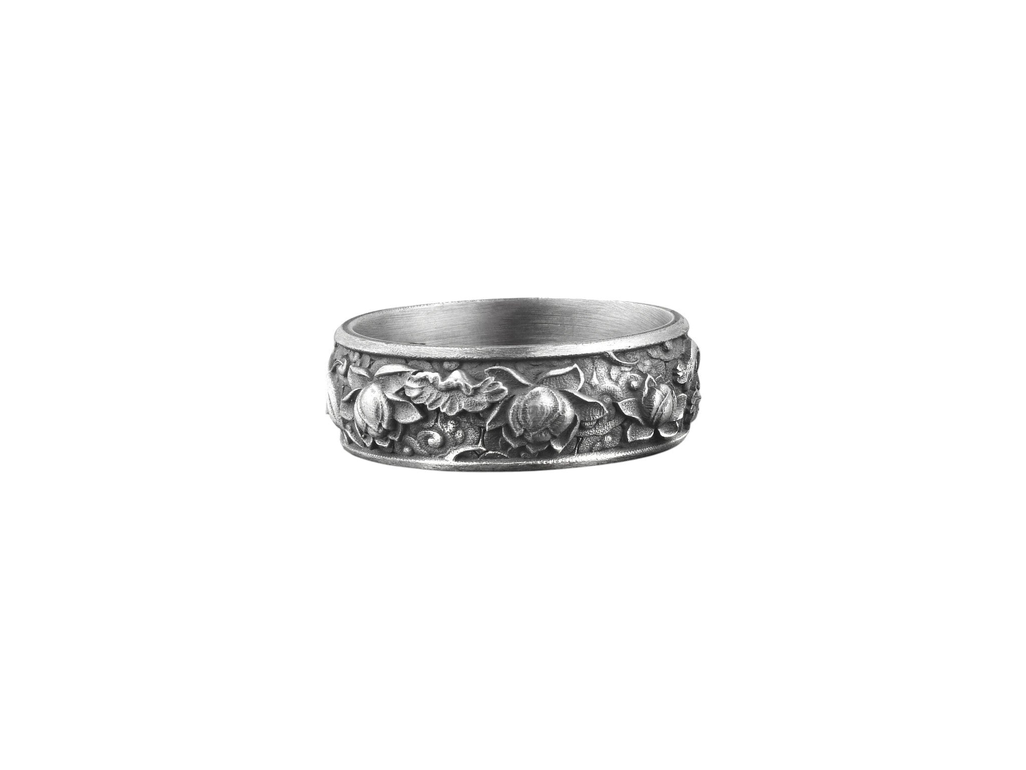 Men’s Silver Floral Band Ring – Vintage Rose Engraved Wedding Ring