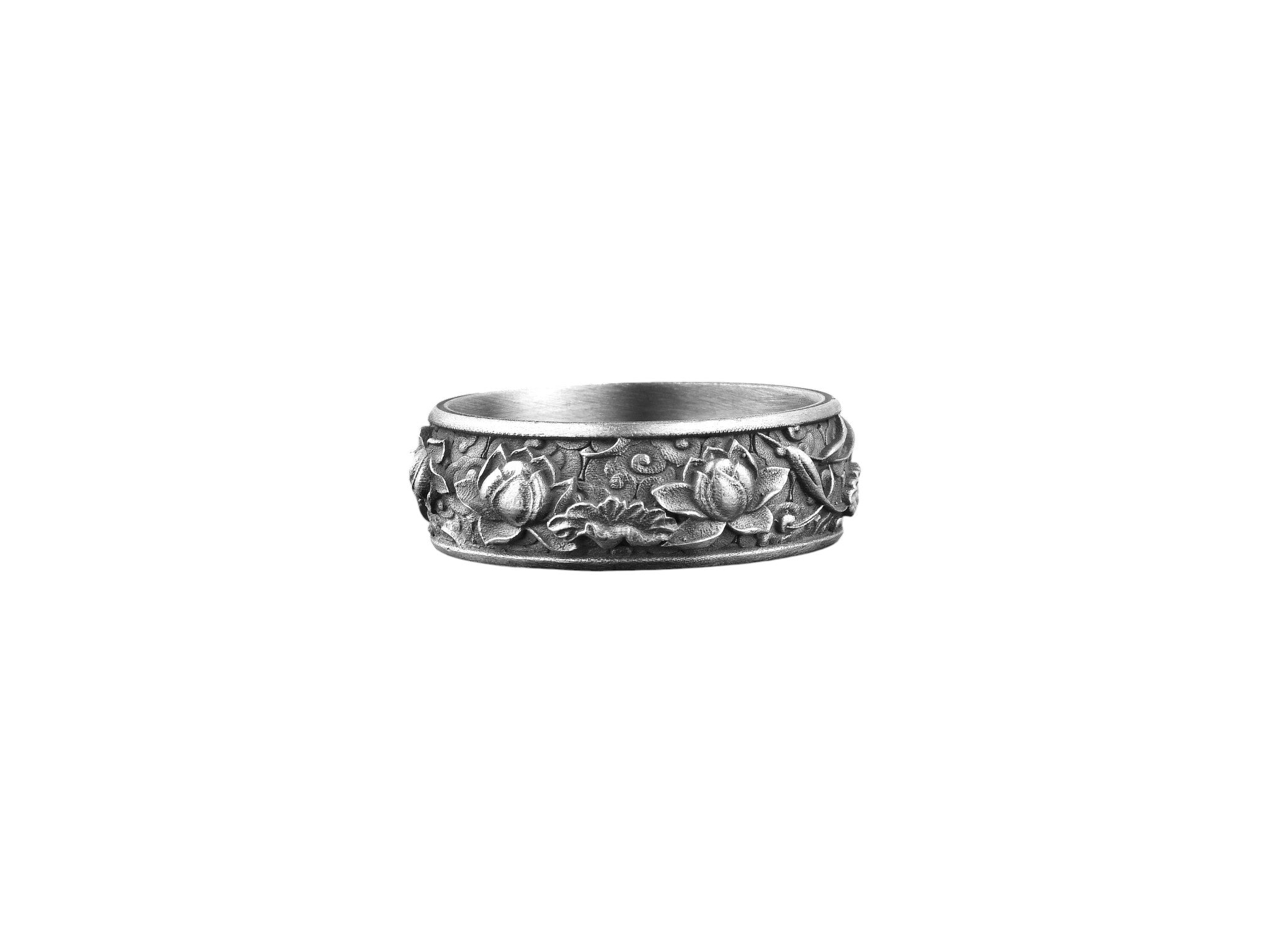 Men’s Silver Floral Band Ring – Vintage Rose Engraved Wedding Ring