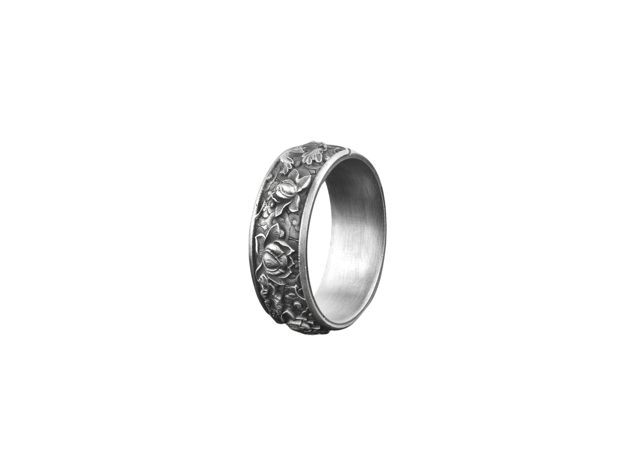 Men’s Silver Floral Band Ring – Vintage Rose Engraved Wedding Ring